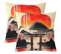 Loussiesd Japanese Style Throw Pillow Covers 50x50cm Set of 2 Kids Cherry Blossoms Cushion Case for Boys Girls Teens Red Sun Fuji Mountain Decor Lake Pattern Decor Pillowcase Home Decor