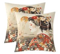 Loussiesd Japanese Throw Pillow Covers Japan Geisha Girls Pillow Covers for Home Sofa Bed Couch for Kids Boys Girls Vintage Floral Cushion Covers Ukiyoe Pillowcases, 45x45cm Set of 2