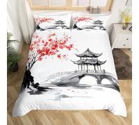 Loussiesd Japanese Ukiyo-E Bed Sheet Set Sakura Maple Leaf Down Duvet Set Double Children's Boys and Girls Ink Japanese Bed Cover Style Landscape Painting Style Bedding Set