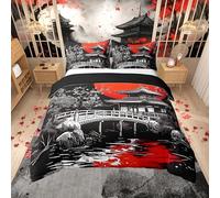 Loussiesd Japanese Ukiyoe Duvet Cover Set Single Size For Kids Boys Girls Adults Anime Bedding Set Red Sunset Comforter Cover with 1 Pillowcase Japanese Style Hokusai Pattern Beds Set