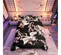 Loussiesd Japanese Ukiyoe Theme Duvet Cover Cherry Blossoms Comforter Cover Japanese-Style Bedding Set For Kids Children Crane Print Quilt Cover Black Exotic Style Double Size Bedclothes 3Pcs