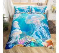 Loussiesd Jellyfish Duvet Cover Boys Girls Double Ocean Bedding Set Ultra Soft Sea Creature Underwater World Comforter Cover Set Marine life Sealife Room Decor No Comforter