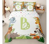 Loussiesd Jungle Animal Duvet Cover Single Size 7 Pieces Alphabet Letter B Bedding Set for Kids Boys Girls Cartoon Safari Animal Bed in a Bag with Duvet Cover, Sheets, Pillowcases, Cushion Covers