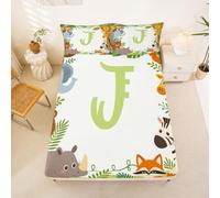 Loussiesd Jungle Animal Fitted Sheet with 2 Pillowcases Double Size Alphabet Letter J Bed Sheets Set 16" Deep Pocket Boys Girls Cartoon Safari Animal Bedding Teens Bedroom Decor