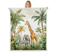Loussiesd Jungle Animal Sherpa Blanket Cute Giraffe Throw Blanket Single 50x60Inch Elephant Zebra Bedroom Decor African Safari Animal Green