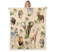 Loussiesd Jungle Animal Sherpa Blanket Cute Lion Throw Blanket Single 50x60Inch Giraffe Tiger Elephant Zebra Bedroom Decor Safari Print