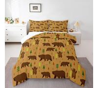 Loussiesd Jungle Animals Bedding Set Bear Duvet Set for Boys Girls Rustic Cabin Country Down Duvet King Size 3Pcs Nature Wildlife Bear Room Decor Botanical Tree Brown