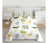 Loussiesd Jungle Animals Comforter Set All Season Giraffe Bedding Set with 1 Pillow Cases ElephantKids Double Size Bedclothes Zebra Crocodile Print Bedroom Decor Hippopotamus Wild Life Duvet Quilt