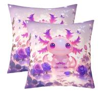 Loussiesd Kawaii Axolotl Throw Pillow Covers 2 Pcs Cute Salamander Square Cushion Covers Ocean Sealife Pillow Case Purple Rose Floral Cushion Case for Couch Sofa Bedroom Decor 55x55cm