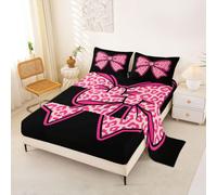 Loussiesd Kawaii Bow Bed Sheets Sets Single Size Kids Boys Girls Bowknot Bedding Set Pink Bow Bed Sheet Set with 16-Inch Deep Pockets Leopard Print 3Pcs with 1 Pillow Cases Black