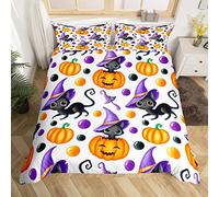 Loussiesd Kawaii Cat Comforter Set Halloween Purple Hat Comforter for Kids Teens Orange Pumpkin Lantern Bedding Set Halloween Theme Duvet Set Room Decor 2Pcs with 1 Pillow Case Junior/Cot Bed Size