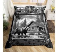 Loussiesd Kids Bear Duvet Cover Double Size Rustic Cabin Lodge Bedding Comforter Cover Set For Boys Teens Decor Nature WildLife Bear Bedding Set Farmhouse Grey 3Pcs,No Comforter