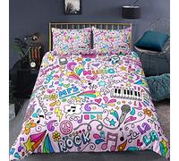 Loussiesd Kids Bedding Set For Little Girls Boys Teens,Nursery Pink Cartoon Music Note Microphone Piano Print,Decor Comforter Cover Single Size 2 Pcs (1Duvet Cover+1 Pillowcase),Zipper