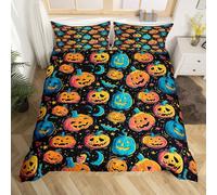 Loussiesd Kids Boys Happy Halloween Pumpkin Duvet Cover Blue Orange Pumpkin Bedding Set Super King Size for Teens Boys Girls Halloween Bat Comforter Cover Soft Halloween Themed Bedspread Cover