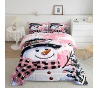 Loussiesd Kids Christmas Theme Decorations Bedding Set Xmas Snowman Down Duvet for Boys Girls Snowflake Kawaii Cute Comforter Cover Set Watercolor Pink Bedroom Collection Double Size