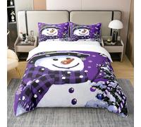Loussiesd Kids Christmas Theme Decorations Bedding Set Xmas Snowman Duvet Cover for Boys Girls Snowflake Kawaii Cute Comforter Cover Set Purple Bedspread Cover Bedroom Collection Double Size