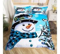 Loussiesd Kids Christmas Theme Decorations Bedding Set Xmas Snowman Duvet Cover for Boys Girls Snowflake Kawaii Cute Comforter Cover Set Watercolor Blue Bedroom Collection Junior/Cot Bed Size