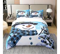 Loussiesd Kids Christmas Theme Decorations Bedding Set Xmas Snowman Duvet Cover for Boys Girls Snowflake Kawaii Cute Comforter Cover Set Watercolor Blue Bedroom Collection Single Size