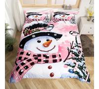 Loussiesd Kids Christmas Theme Decorations Bedding Set Xmas Snowman Duvet Cover for Boys Girls Snowflake Kawaii Cute Comforter Cover Set Watercolor Pink Bedroom Collection Double Size