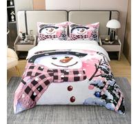 Loussiesd Kids Christmas Theme Decorations Bedding Set Xmas Snowman Duvet Cover for Boys Girls Snowflake Kawaii Cute Comforter Cover Set Watercolor Pink Bedroom Collection King Size