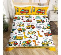 Loussiesd Kids Construction Bedding Set Single Boys Cute Cartoon Dinosaur Duvet CoverSuper Soft Microfiber Equipment Trucks Car Comforter Cover with 2Machinery Truck Pillow Case, Double Dino Bedding