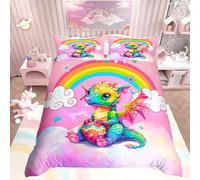 Loussiesd Kids Dragon Duvet Cover Single Size Cartoon Dragon Egg Print Bedding Set Rainbow Comforter Cover Set Pink Nebula Bedspread Cover Mysterious Outer Space Quilt Set with 1 Pillow Case 2PCS