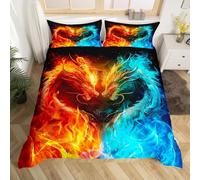 Loussiesd Kids Dragon Duvet Cover Single Size Ice Fire Dragon Bedding Set Wild Animal Comforter Cover Set Couple Wildlife Bedspread Cover Yellow and Blue Quilt Set with 1 Pillow Case 2PCS