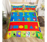 Loussiesd Kids Educational Learning Bedding Set Double Size Boys Girls Numbers ABC Alphabet Shapes Duvet Cover for Soft Coloful Fun Game Elephant Frog Boys