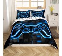Loussiesd Kids Gamer Bedding Set Gaming Duvet Cover for Boys Decor Lighting Honeycomb Game Controller Comforter Cover Set Blue and Black Geometric Bedspread Cover with 1 Pillow Case Single