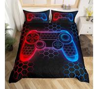 Loussiesd Kids Gamer Honeycomb Duvet Cover Set Double Size For Boys Girls Teens Gaming Geometric Bedding Set Red Blue Neon Gamepad Comforter Cover with 2 Pillowcases Game Room Decor Beds Set