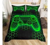 Loussiesd Kids Gamer Honeycomb Duvet Cover Set Double Size For Boys Girls Teens Gaming Hexagonal Bedding Set Green Neon Gamepad Comforter Cover with 2 Pillowcases Geometric Game Room Decor Beds Set