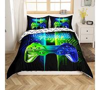 Loussiesd Kids Gaming Bedding Duvet Cover Boys Gamepad Video Game Comforter Cover Teens Bedroom Decor Microfiber Soft Modern Game Controller Games Duvet Cover Gradient Blue Green Bedspread,King