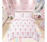 Loussiesd Kids Girls Pink Bow Duvet Cover,Cute Pink Bowknot Bedding Set Double Size,Stripe Bow Comforter Cover,Kawaii Bedspread Cover,No Comforter