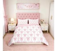 Loussiesd Kids Girls Pink Bow Duvet Cover,Cute Pink Bowknot Bedding Set Single Size,Stripe Bow Comforter Cover,Kawaii Bedspread Cover,No Comforter