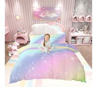 Loussiesd Kids Girls Rainbow Bedding Duvet Cover Double Cute Colorful Stripes Bed Set 3 Pieces Glitter Ombre Quilt Covers and 2 Pillowcases Mildly Cosy Budget Princess Bedclothes