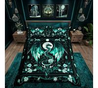 Loussiesd Kids Greens Dragon Duvet Cover Flying Dragon Bedding Set Double Size Moon for Kids Boys Girls Boho Adult Bedroom Decor 3 Pcs