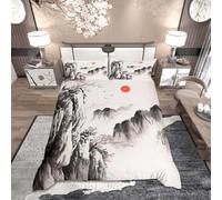 Loussiesd Kids Japanese Ink Painting Bedding Set Single Size Mountain Pattern Duvet Cover for Boys Girls Traditional Art Bedspread Cover Room Decor,1xDuvet Cover+ 1xPillowcase
