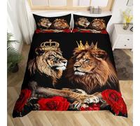 Loussiesd Kids Lion Couple Rose Bedding Set King Size, Queen and King Comforter Cover Wild Animal Duvet Cover Boys Girls Safari Print Bedspread Cover Bed Set With 2 Pillow Case