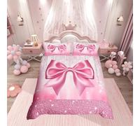 Loussiesd Kids Pink Bowknot Bedding Set King Size Dreamy Princess Comforter Cover Boys Girls Glitter Duvet Cover Watercolor Bow Teens Bedspread Cover Zipper