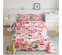 Loussiesd Kids Pink Merry Christmas Bedding Set King Merry Christmas Tree and Snowman Down Duvet for Bedroom Decor Xmas Comforter Cover Set Snowflake Holiday with 2 Pillow Case