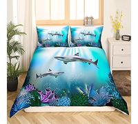Loussiesd Kids Shark Bedding Set Single 3D Ocean Animal Duvet Cover for Girls Boys, 2 Pcs Coral Seeweed Bedding Underwater World Children Bedspread Sea Sharks Printed on Blue Bedclothes