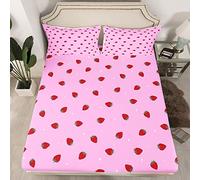 Loussiesd Kids Strawberry Bed Sheets Cute Bed Sheet Set for Boys Girls Tropical Fruit Lightweight Bedding Set Bright Pink Lovely Little Art Fitted Sheet Bedroom 3Pcs Double Size, Cute Red