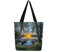 Loussiesd Lake Canvas Tote Bags for Women Gifts Boat Tree Large Capacity Shoulder Handbags Travel Beach Bag Sunrise Reusable Grocery Bag for Shopping Gym Natural Scenery