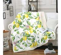 Loussiesd Lemon Sherpa Throw Blanket - Tropical Fruit Print Fleece for Kids, Women, Adults - Botanical Plush With Leaves and Branches - Fuzzy for Sofa, Bed, Couch - Double 60x79 Inch