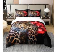 Loussiesd Leopard 100% Cotton Duvet Cover Double Size Cheetah Rose Bedding Cotton Duvet Cover Set Wild Animal Bedding Set Safari Rose Floral Comforter Cover Set Rose Blsoom Red Brown Bedspread Cover