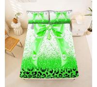 Loussiesd Leopard Bow Fitted Sheet with 1 Pillowcase Single Size Cartoon Bowknot Bed Sheets Set 16" Deep Pocket Boys Girls Bright Green Grey Glitter Decor Bedding Teens Bedroom Decor Breathable