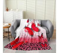 Loussiesd Leopard Print Plush Throw Blanket Glitter Butterfly Flannel Blanket Single 50x60Inch Red Pink Grey Cheetah Print All Season for Couch Bed Sofa Bedroom Decor