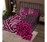 Loussiesd Leopard Zebra Print Bedspread Single Size Leopard Zebra Pattern Coverlet Set Bright Pink Black Bedspread Coverlet for All Season With 1 Pillowcase Patchwork Microfiber Lightweight