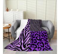 Loussiesd Leopard Zebra Print Fleece Throw Blanket Leopard Zebra Pattern Flannel Blanket Plush Fuzzy Purple Black for Bed Couch Chair Living Room Patchwork Double 60x79Inch Bedroom Decor