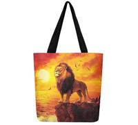Loussiesd Lion Canvas Tote Bags for Women Gifts Safari Print Large Capacity Shoulder Handbags Travel Beach Bag Wildlife Style Sunset Reusable Grocery Bag for Shopping Gym Jungle Theme 3D Wild Animal